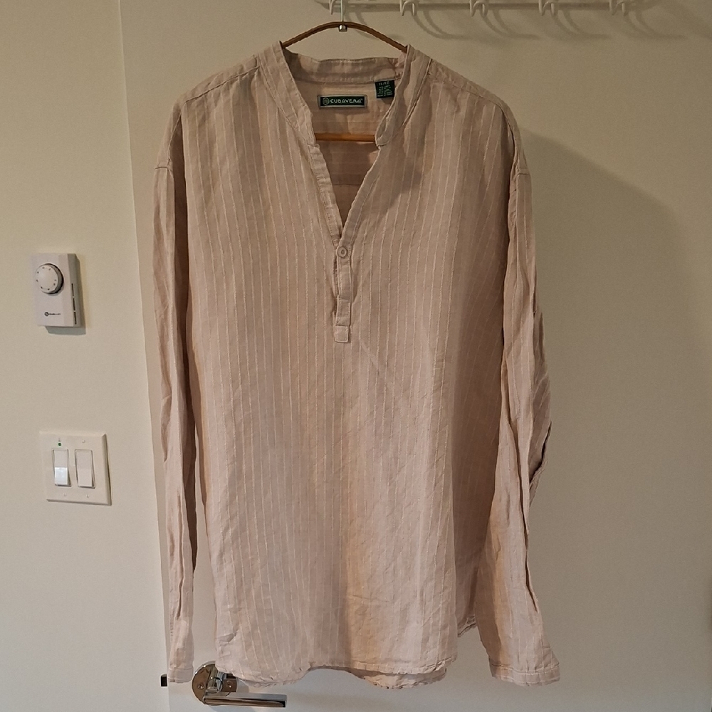 Cubavera Men's Beige Striped Linen/Rayon Collarless Long-sleeve Shirt (Size XL)